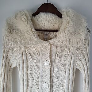 Forever 21 Cream Cable Knit Cardigan with Faux Fur Collar
